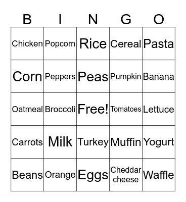 Nutrition Bingo Card