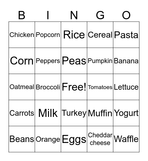 Nutrition Bingo Card
