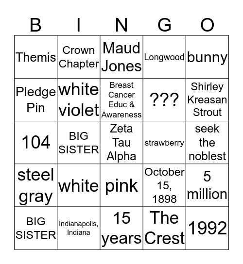 Zingo  Bingo Card
