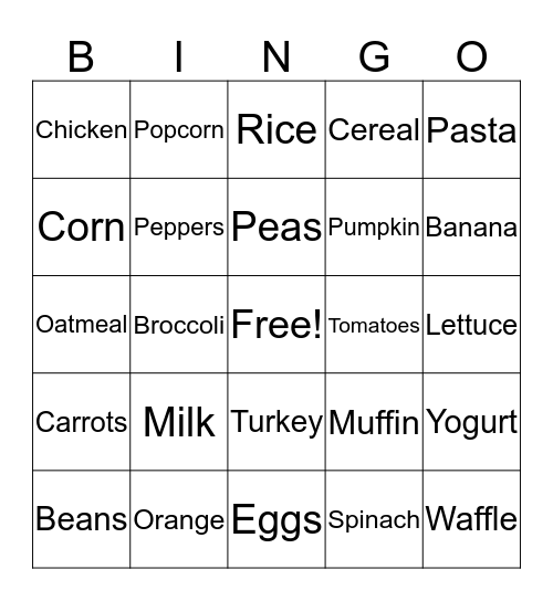 Nutrition Bingo Card