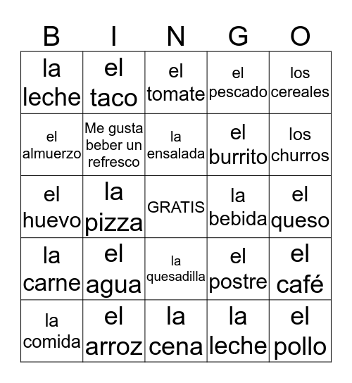 Food in Spanish Bingo Card