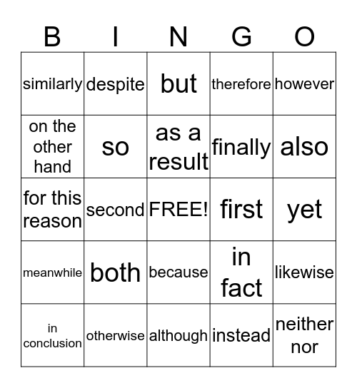 Transitional Words and Phrases Bingo Card