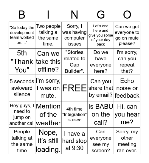 Conference call bingo Card