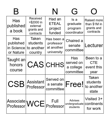 Faculty Bingo Card