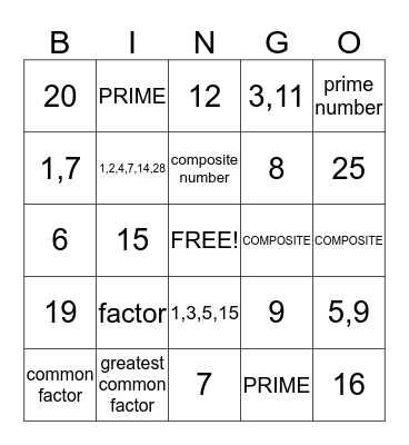 FACTOR BINGO 2 Bingo Card