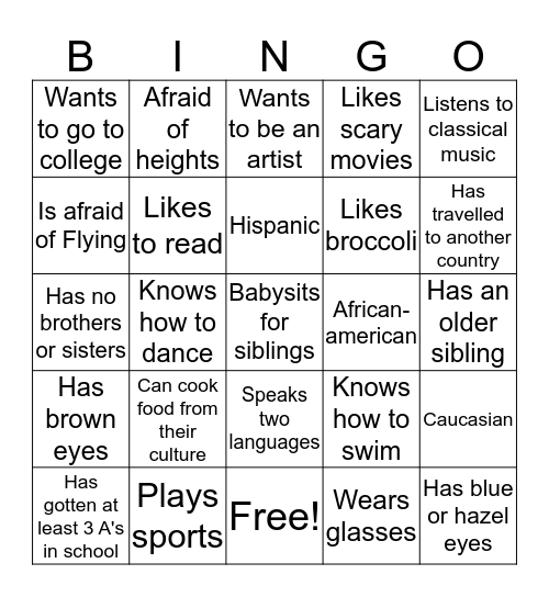 GETTING TO KNOW YOU Bingo Card