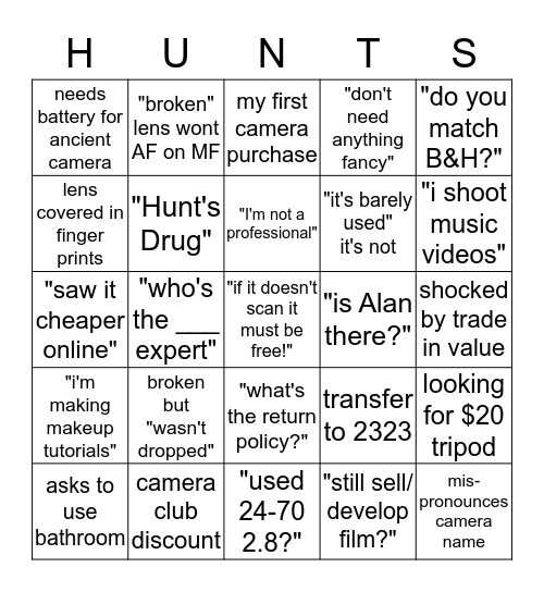 Hunts Bingo Card