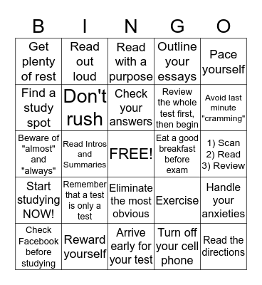 Midterm Study/Test-Taking Tips Bingo Card