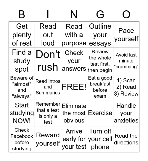 Midterm Study/Test-Taking Tips Bingo Card