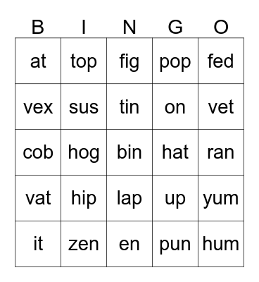 closed syllable bingo Card