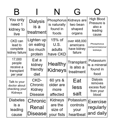 Kupuna Healthy Kidney Bingo Card