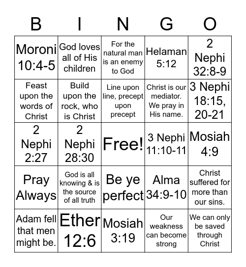 Bock of Mormon Doctrinal Mastery Bingo Card