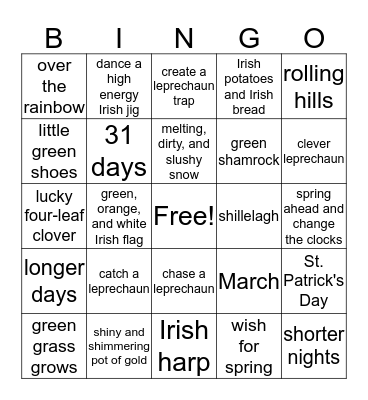 March and St. Patrick's Day Bingo Card