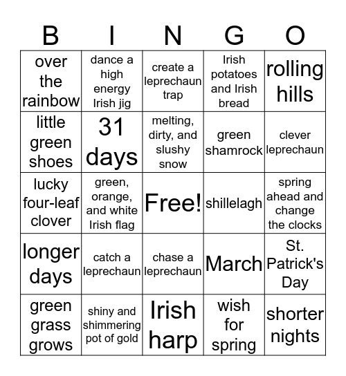 March and St. Patrick's Day Bingo Card