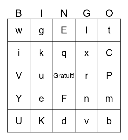 Les lettres minuscules et majuscules Bingo Card
