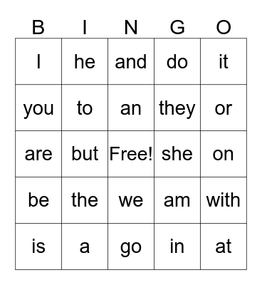 Sight Words Bingo Card