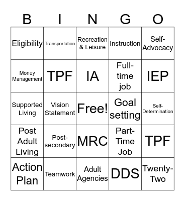 Transition Bingo  Bingo Card