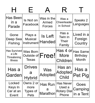 Cardiology HEART Buidling Bingo Card