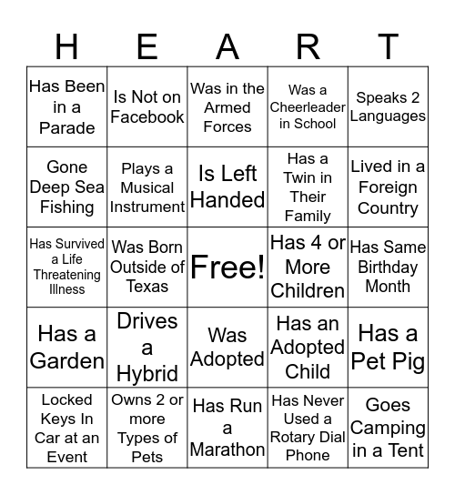 Cardiology HEART Buidling Bingo Card