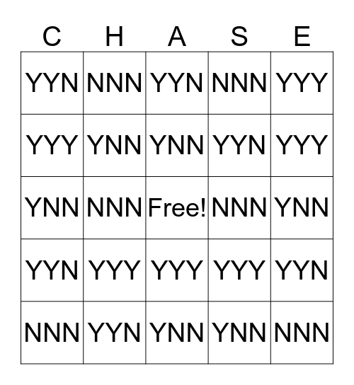 Chase Answers Bingo Card