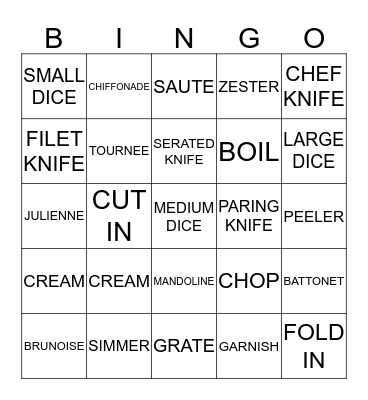 KNIFE AND COOKING TERMS  Bingo Card