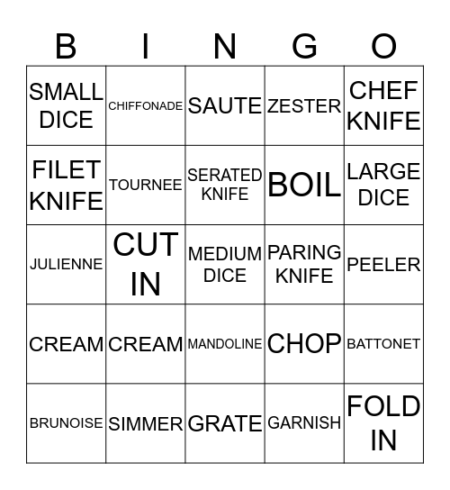 KNIFE AND COOKING TERMS  Bingo Card