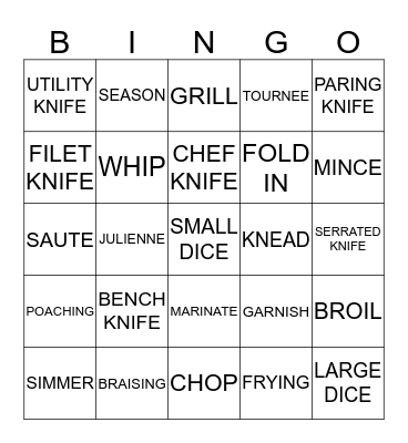 KNIFE AND COOKING TERMS  Bingo Card