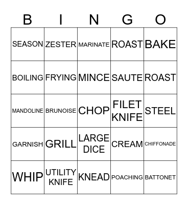 KNIFE AND COOKING TERMS  Bingo Card