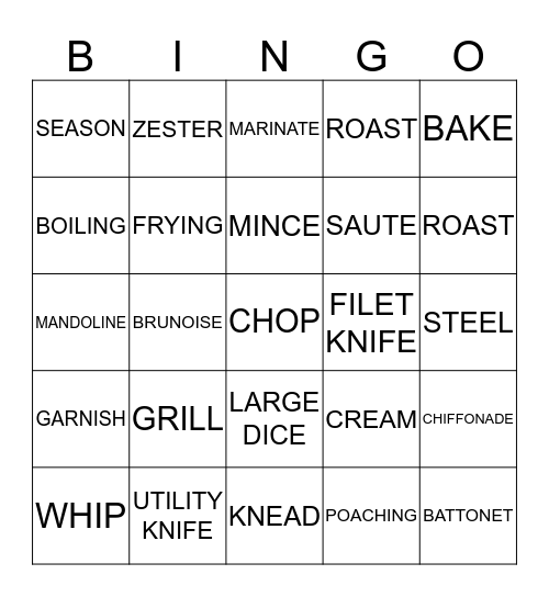 KNIFE AND COOKING TERMS  Bingo Card