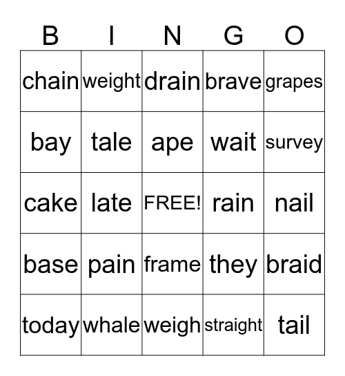Long A vowel pattern Bingo Card