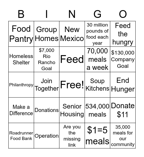 Operation Feed Bingo Card