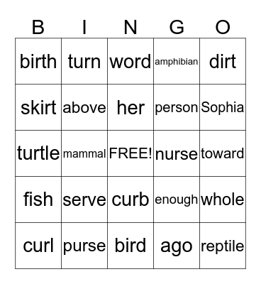 Spelling Word Bingo Card