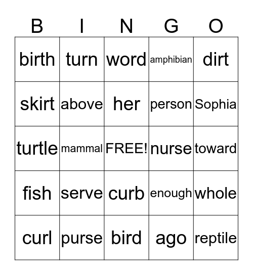 Spelling Word Bingo Card