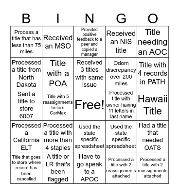 Central Title Bingo Card