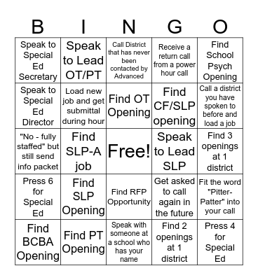 Interval Hour Bingo Card