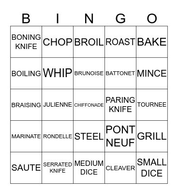 KNIFE AND COOKING TERMS Bingo Card