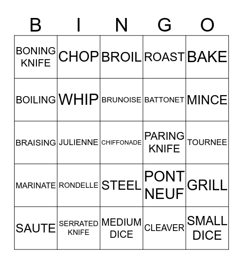 KNIFE AND COOKING TERMS Bingo Card