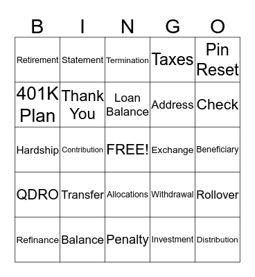 Retirement Services Bingo Card