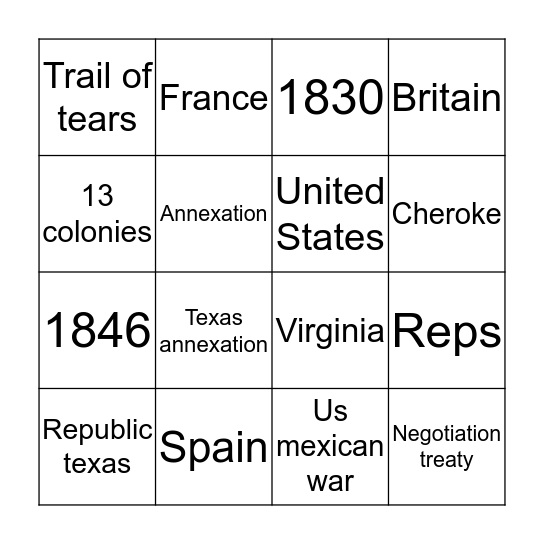 Manifest Destiny Bingo Card