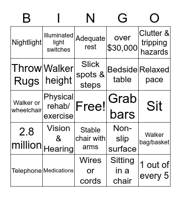 Fall Prevention Bingo Card