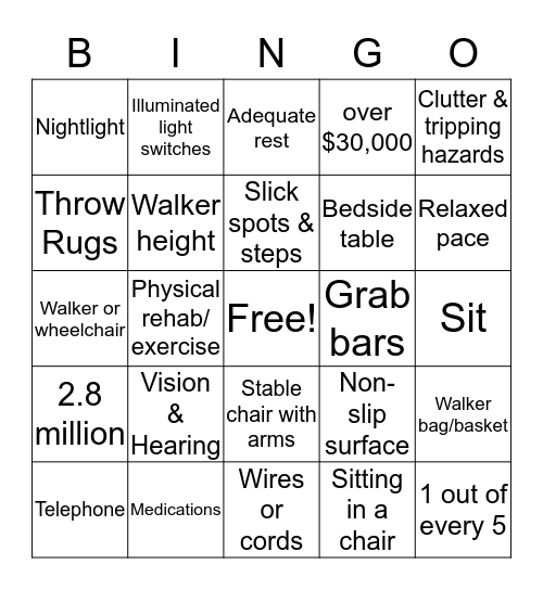 Fall Prevention Bingo Card