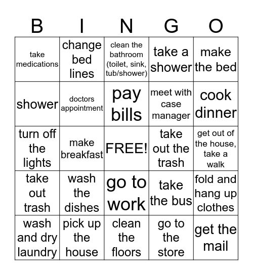 Daily Activities  Bingo Card