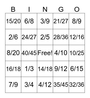 Fraction Frenzy Bingo Card