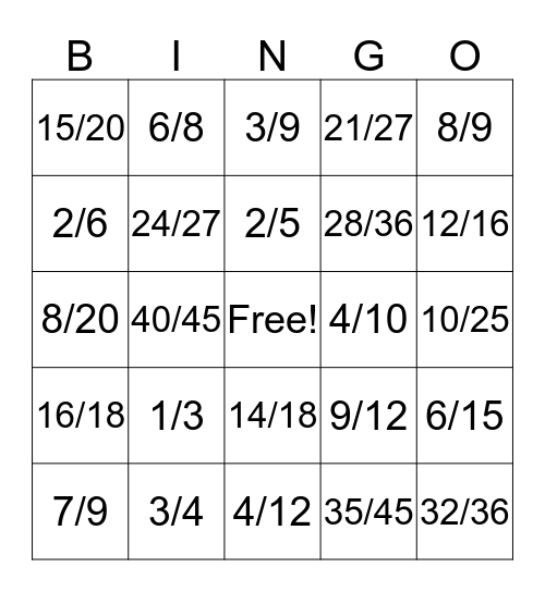 Fraction Frenzy Bingo Card