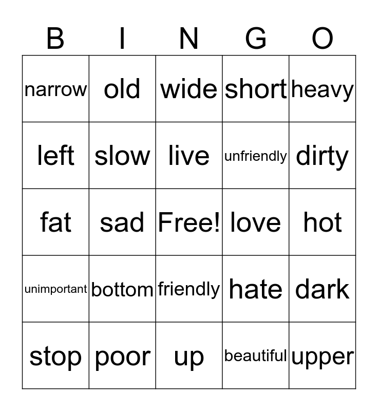 opposites Bingo Card