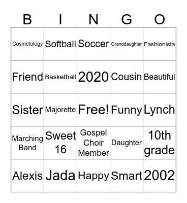 Jada BINGO Card
