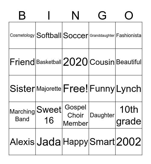 Jada BINGO Card