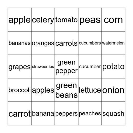Grocery Words 1 - Fruits & Veggies Bingo Card