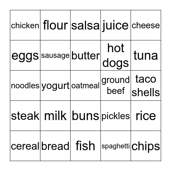 Grocery Words Bingo Card