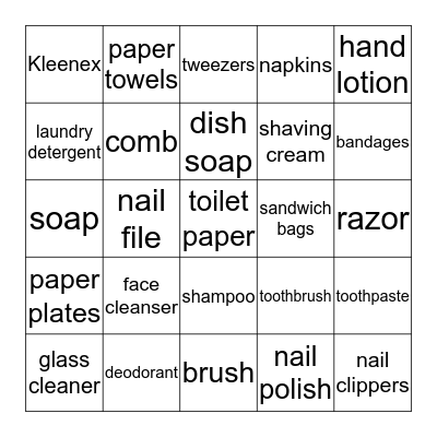 Grocery Words - 2 Personal/Cleaning Bingo Card